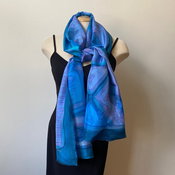 Large hand painted silk blue shawl, 22" x 70"