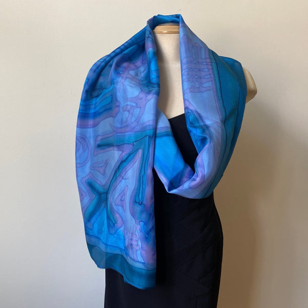 Large hand painted silk blue shawl, 22" x 70"