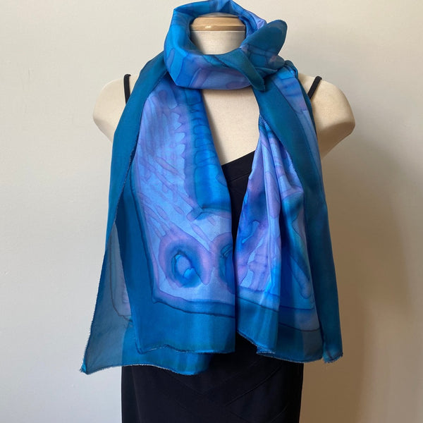 Large hand painted silk blue shawl, 22" x 70"