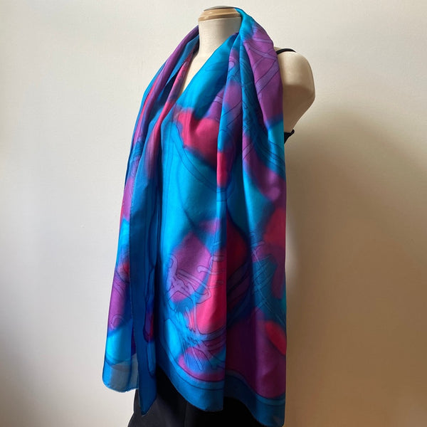 Hand painted silk shawl, 22" x 70"