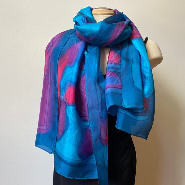 Hand painted silk shawl, 22" x 70"