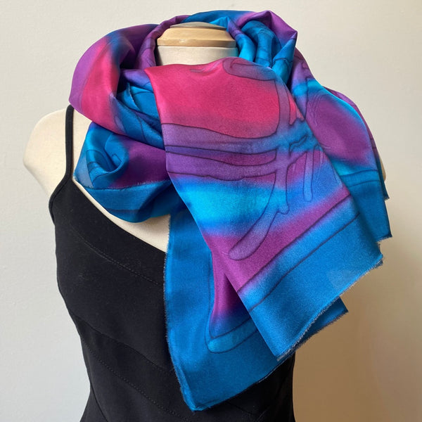 Hand painted silk shawl, 22" x 70"