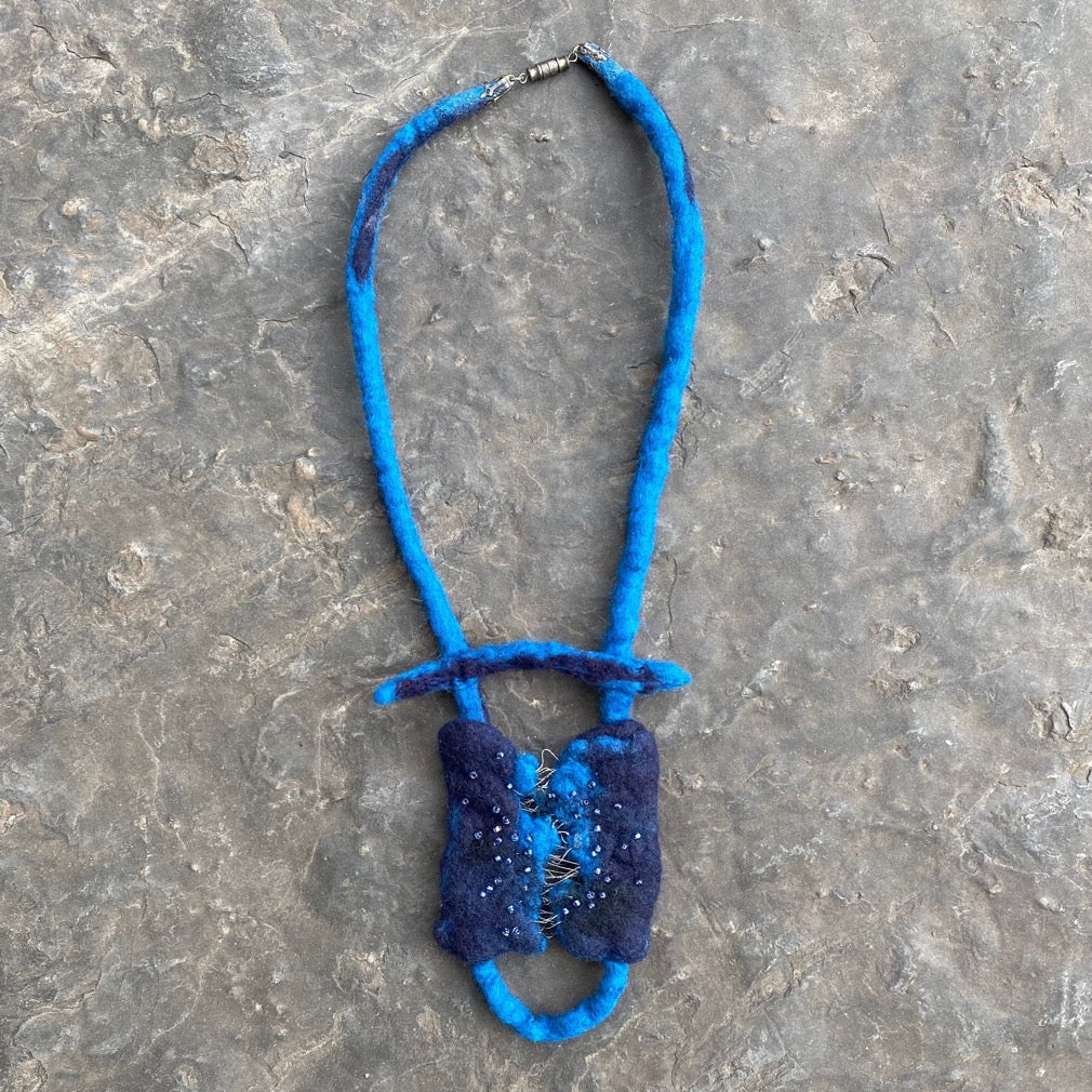 Designer Hand Felted and embroidered designer blue necklace