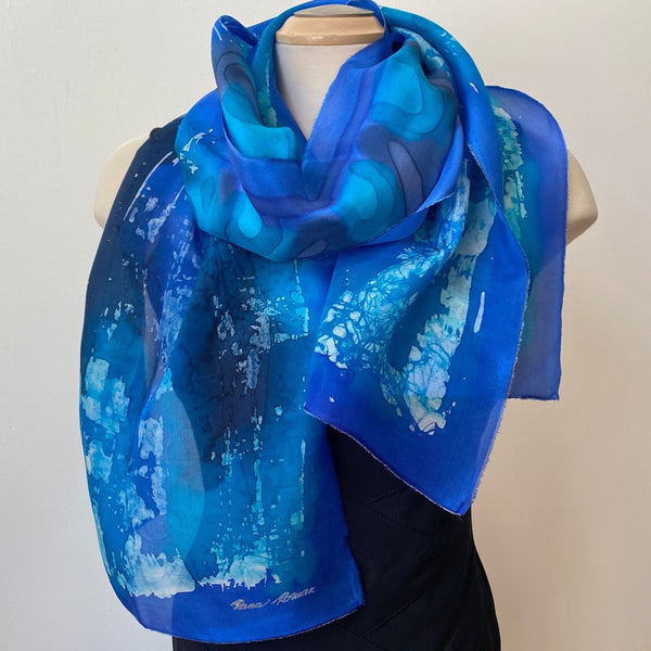 Blue Batik Silk Scarf, Hand Painted, 15"x70"