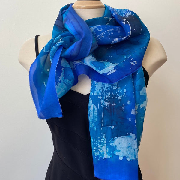 Blue Batik Silk Scarf, Hand Painted, 15"x70"