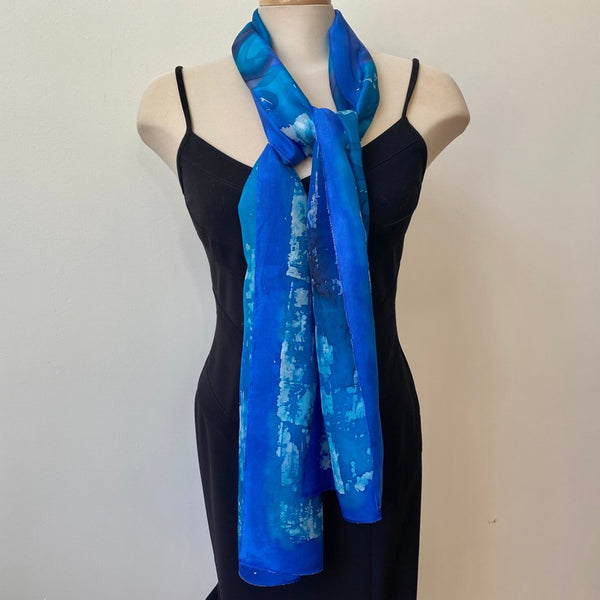 Blue Batik Silk Scarf, Hand Painted, 15"x70"