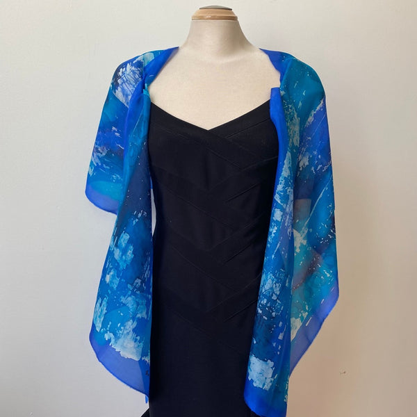 Blue Batik Silk Scarf, Hand Painted, 15"x70"