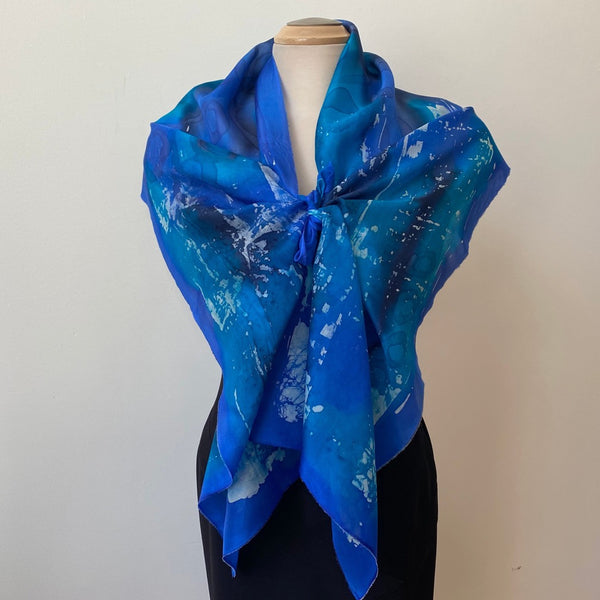 Blue Batik Silk Scarf, Hand Painted, 15"x70"