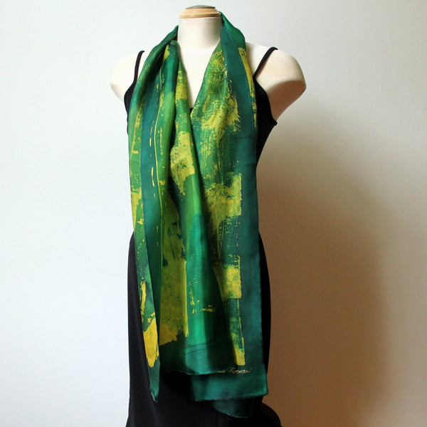Batik Silk Bright Green Scarf, Hand Painted with Silk DuPont Dyes, 15" x 70"