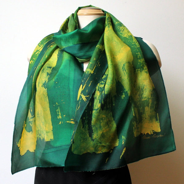 Batik Silk Bright Green Scarf, Hand Painted with Silk DuPont Dyes, 15" x 70"