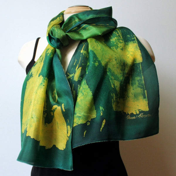 Batik Silk Bright Green Scarf, Hand Painted with Silk DuPont Dyes, 15" x 70"