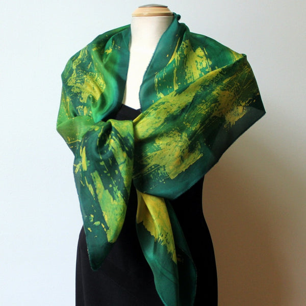 Batik Silk Bright Green Scarf, Hand Painted with Silk DuPont Dyes, 15" x 70"