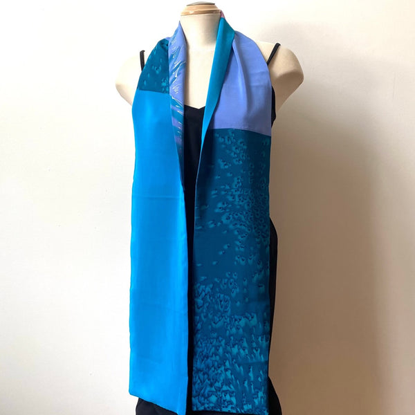 Teal handpainted silk scarf, double sided silk crepe de chine