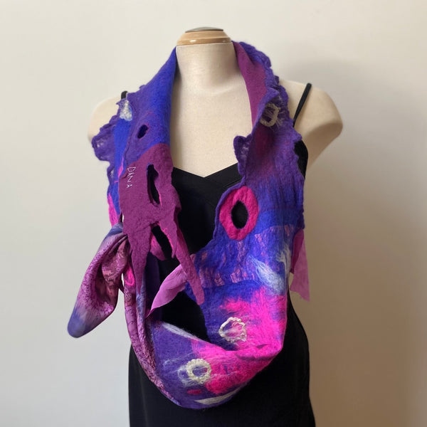 Hand felted and hand painted art shawl, pink and purple