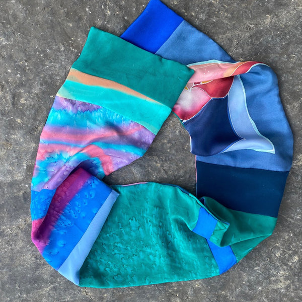 Unisex handpainted silk scarf in bright colours, double sided
