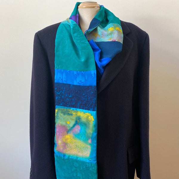 Unisex green and blue designer silk scarf, pieced from upcycled silk