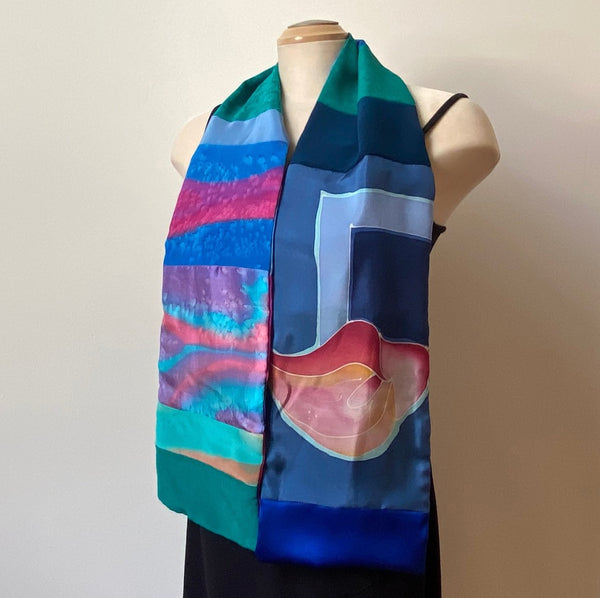 Unisex handpainted silk scarf in bright colours, double sided