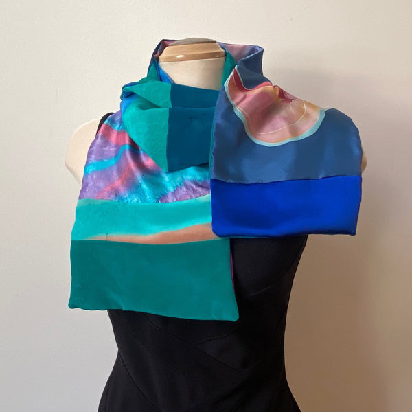 Unisex handpainted silk scarf in bright colours, double sided