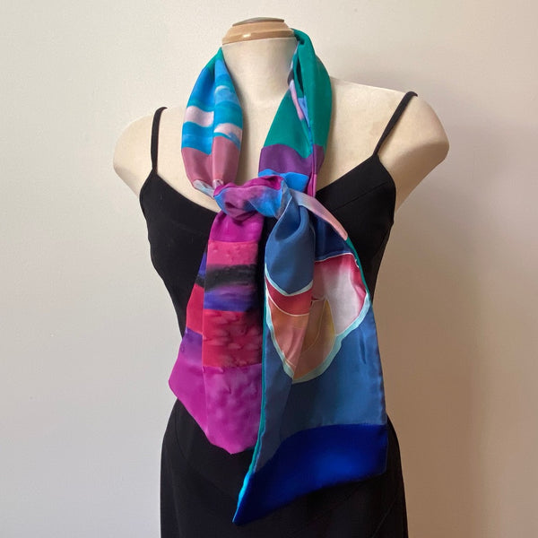 Unisex handpainted silk scarf in bright colours, double sided