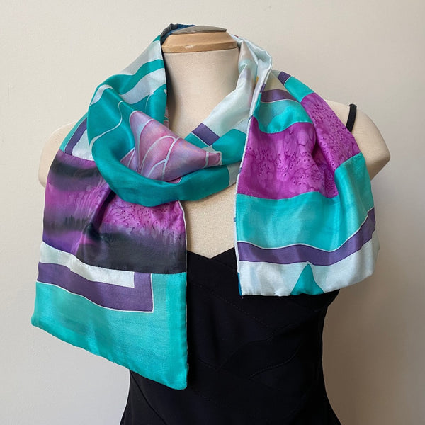 Hand painted silk scarf, collaged from small pieces of silk. Art to wear. Reversible.