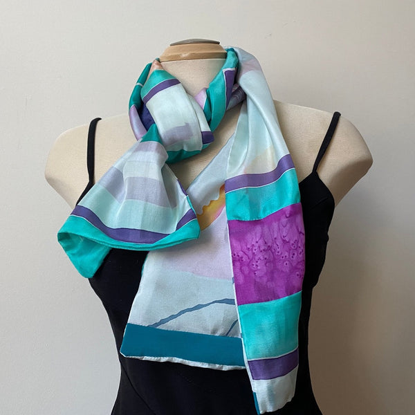 Hand painted silk scarf, collaged from small pieces of silk. Art to wear. Reversible.