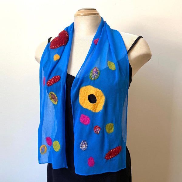 blue nuno felted silk designer scarf, art to wear, one of a kind