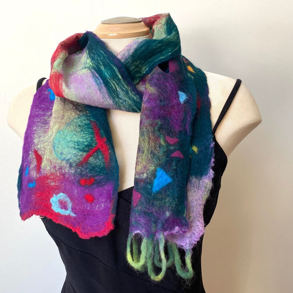 Bright hand felted scarf, art to wear