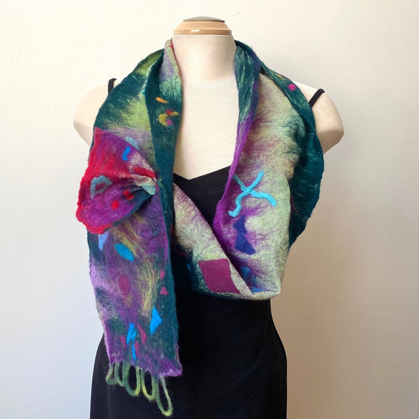 Bright hand felted scarf, art to wear