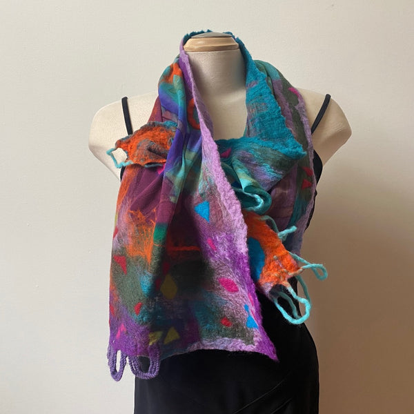 Hand felted silk and merino wool designer art scarf