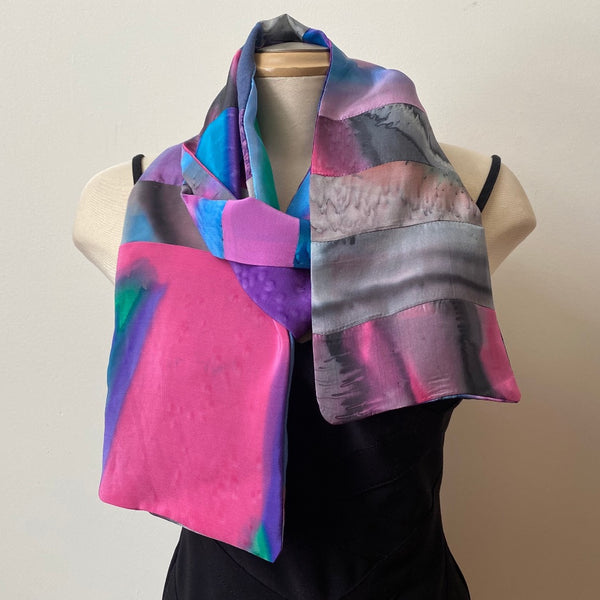 Hand painted silk scarf from upcycled silk pieces