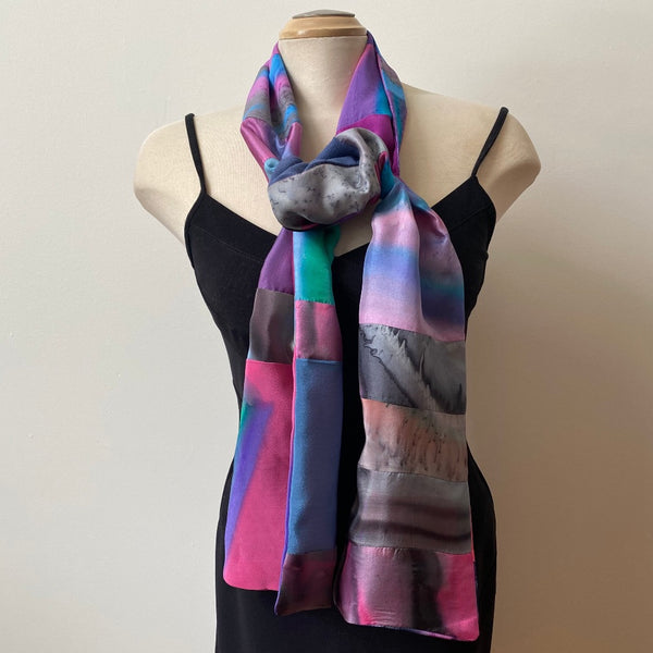 Hand painted silk scarf from upcycled silk pieces