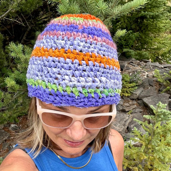 Hand crocheted silk hat, made of repurposed painted silk strips, warm in winter, cool in summer