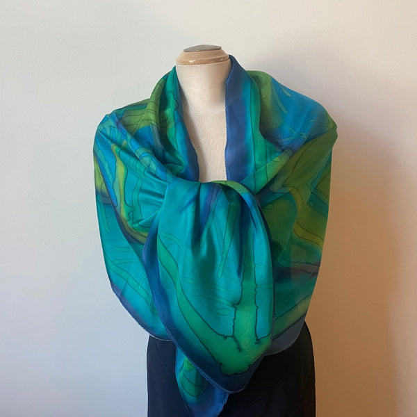 Green hand painted silk large shawl, art to wear, designer art scarf, 22"x70"