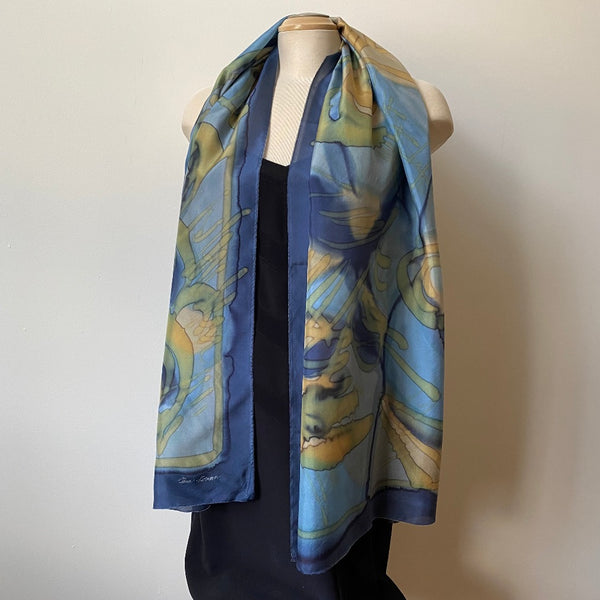 Hand painted silk designer scarf, art to wear, navy and taupe silk scarf