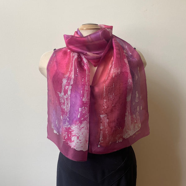 Pink batik hand painted silk scarf, designer scarf, art to wear,