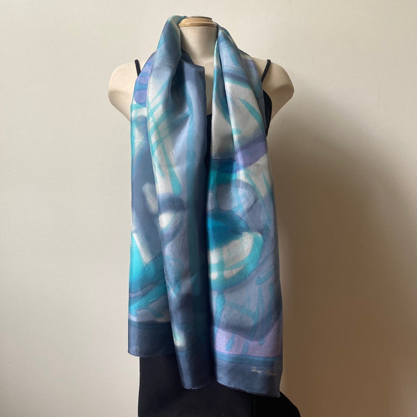 Grey hand painted silk scarf, art to wear, designer scarf, art scarf