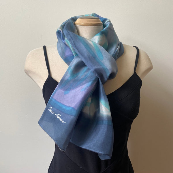 Grey hand painted silk scarf, art to wear, designer scarf, art scarf