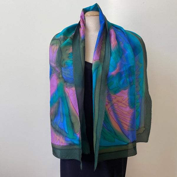 Handpainted silk scarf in greens, blues, fuchsias, art to wear, designer art scarf