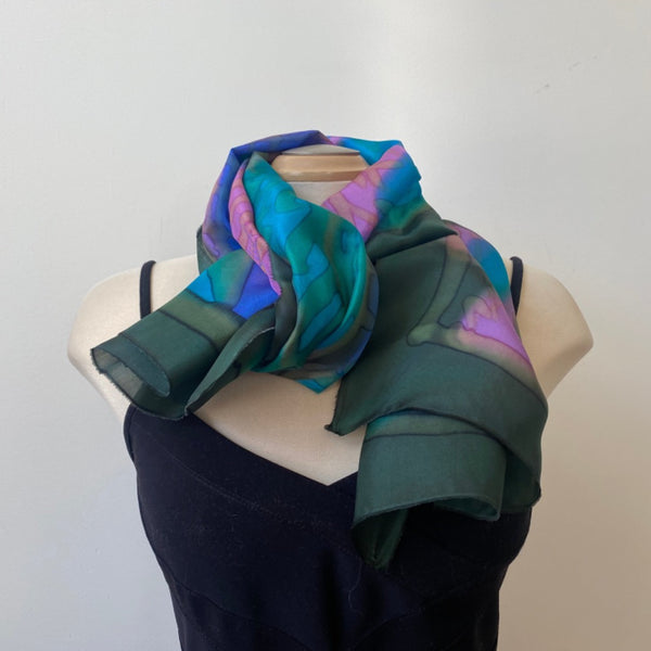 Handpainted silk scarf in greens, blues, fuchsias, art to wear, designer art scarf