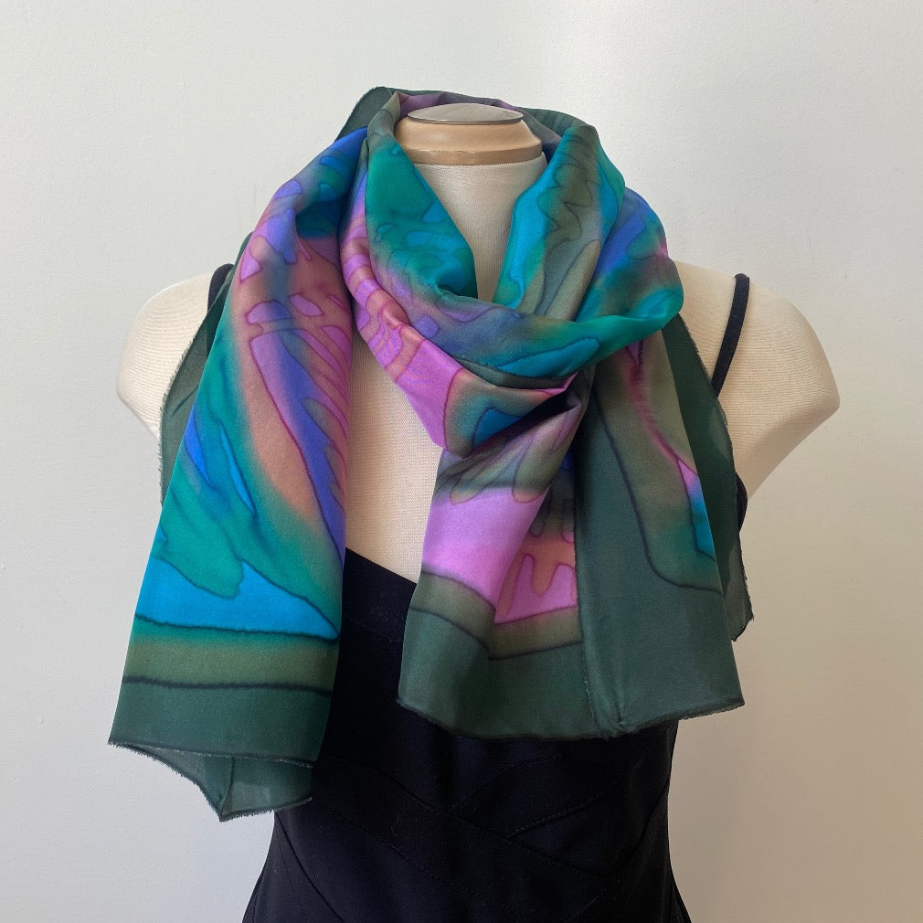 Handpainted silk scarf in greens, blues, fuchsias, art to wear, designer art scarf