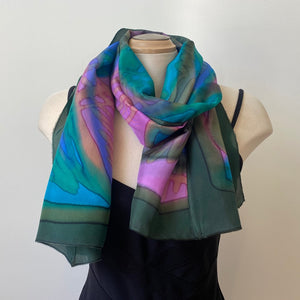 Handpainted silk scarf in greens, blues, fuchsias, art to wear, designer art scarf