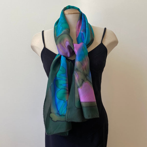 Handpainted silk scarf in greens, blues, fuchsias, art to wear, designer art scarf