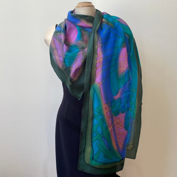 Handpainted silk scarf in greens, blues, fuchsias, art to wear, designer art scarf