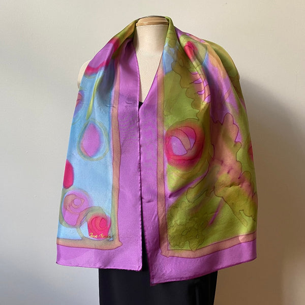 Hand painted silk designer scarf in blues and pinks, art to wear, art scarf, bridesmaids, weddings