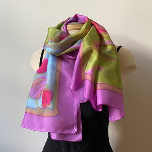 Hand painted silk designer scarf in blues and pinks, art to wear, art scarf, bridesmaids, weddings