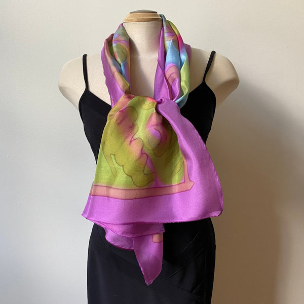 Hand painted silk designer scarf in blues and pinks, art to wear, art scarf, bridesmaids, weddings