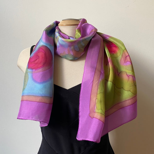 Hand painted silk designer scarf in blues and pinks, art to wear, art scarf, bridesmaids, weddings