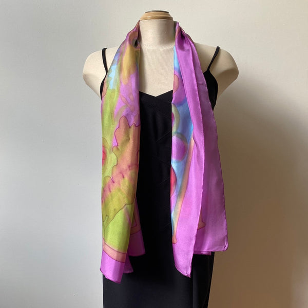 Hand painted silk designer scarf in blues and pinks, art to wear, art scarf, bridesmaids, weddings