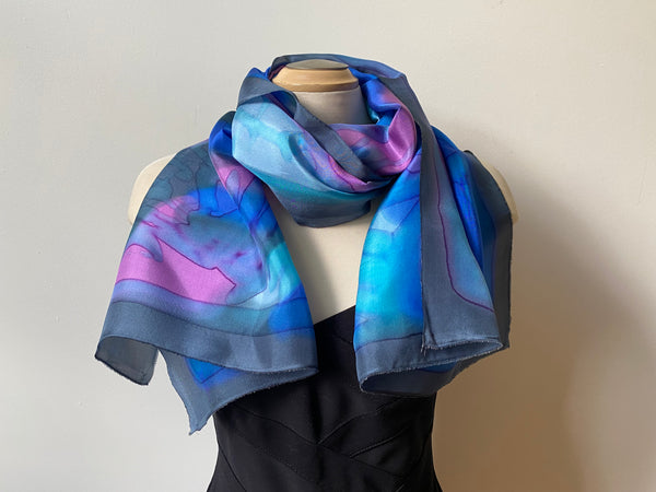 Handpainted silk shawl, blue and pink