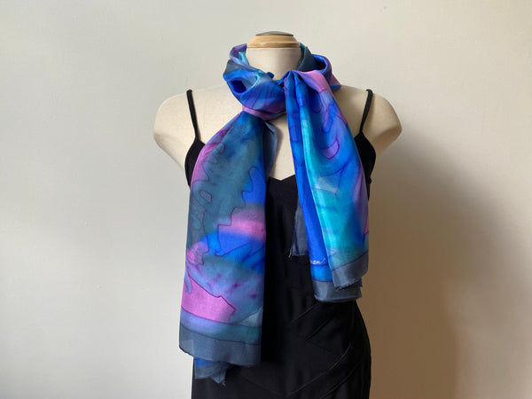 Handpainted silk shawl, blue and pink